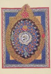 Der Kosmos in Eiform, im Zentrum die vier Elemente 