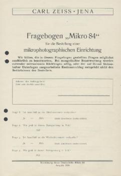 Fragebogen "Mikro 84" für die Bestellung einer mikrophotographischen Einrichtung. Zeiss-Druckschrift Mikro 84. 