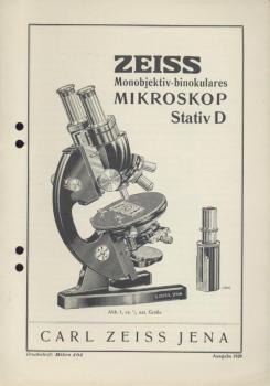 Zeiss Monobjektiv-binokulares Mikroskop Stativ D. Zeiss-Druckschrift Mikro 404. 