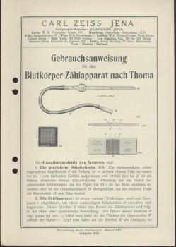 Gebrauchsanweisung für den Blutkörper-Zählapparat nach Thoma. Ausgabe 1928. Zeiss-Druckschrift Mikro 111. 