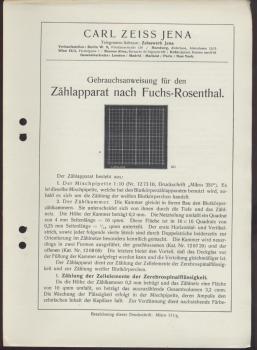 Gebrauchsanweisung für den Zählapparat nach Fuchs-Rosenthal. Zeiss-Druckschrift Mikro 111/5. 