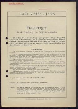 Fragebogen für die Bestellung eines Projektionsapparates. Zeiss-Druckschrift Mikro 266. 