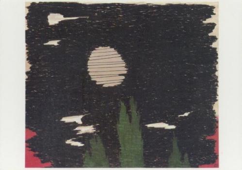 Rötlicher Mond und Zypressen vor schwarzem Himmel, 1975 