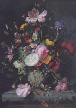 Stilleben mit Blumenstrauß in einer steinernen Vase, 1677 