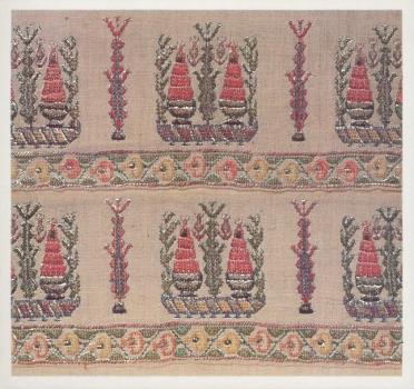 Bäume, Blüten und Rankwerk. Detail einer türkischen Stickerei, 19. Jahrhundert 