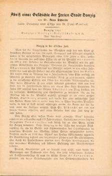 Abriß einer Geschichte der Freien Stadt Danzig (unter Benutzung einer Skizze von Dr. Paul Simson) 