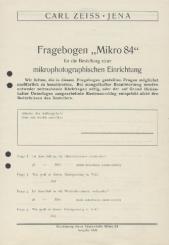Fragebogen "Mikro 84" für die Bestellung einer mikrophotographischen Einrichtung. Zeiss-Druckschrift Mikro 84. 