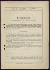 Fragebogen für die Bestellung eines Projektionsapparates. Zeiss-Druckschrift Mikro 266. 